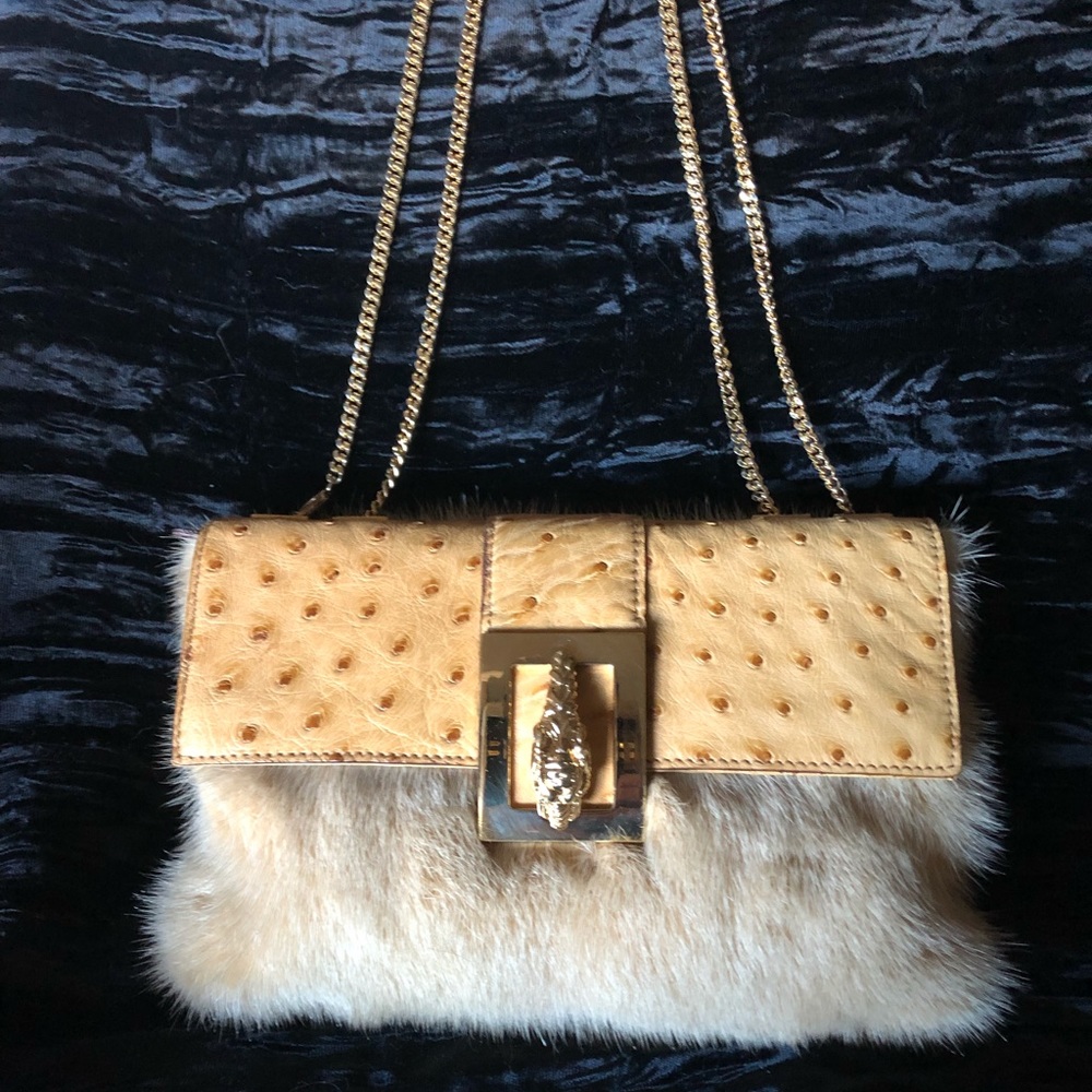 Gucci Mink Fur & Ostrich Leather Tiger Head Clutch